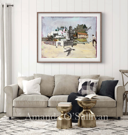 A lounge room featuring artwork by Amanda O'Sullivan of a mirrored landscape collage.