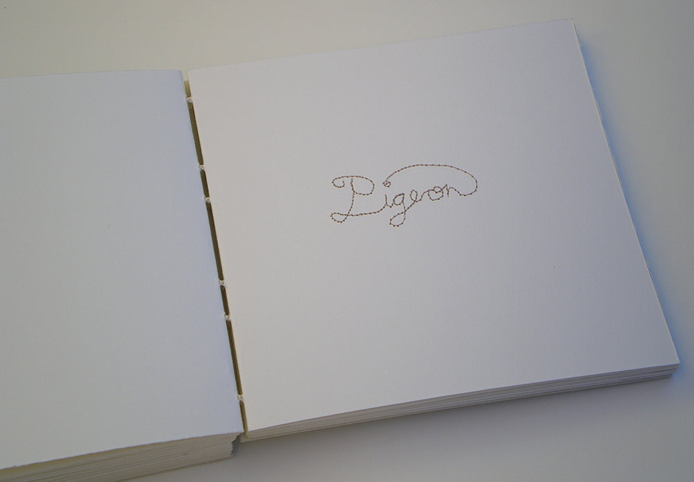 Pigeon title page with stitching