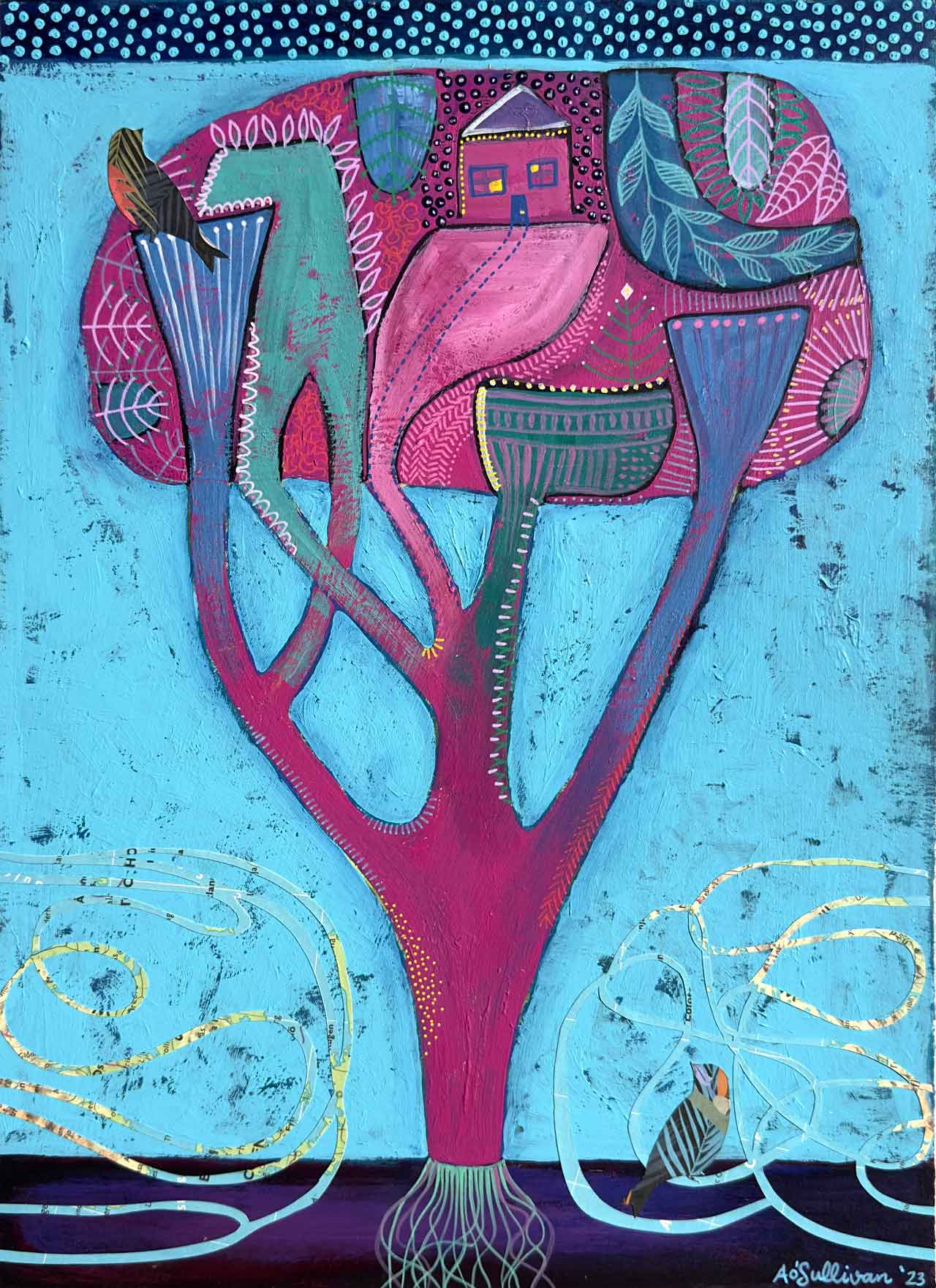 Colorful abstract artwork with a tree-like design on a blue background