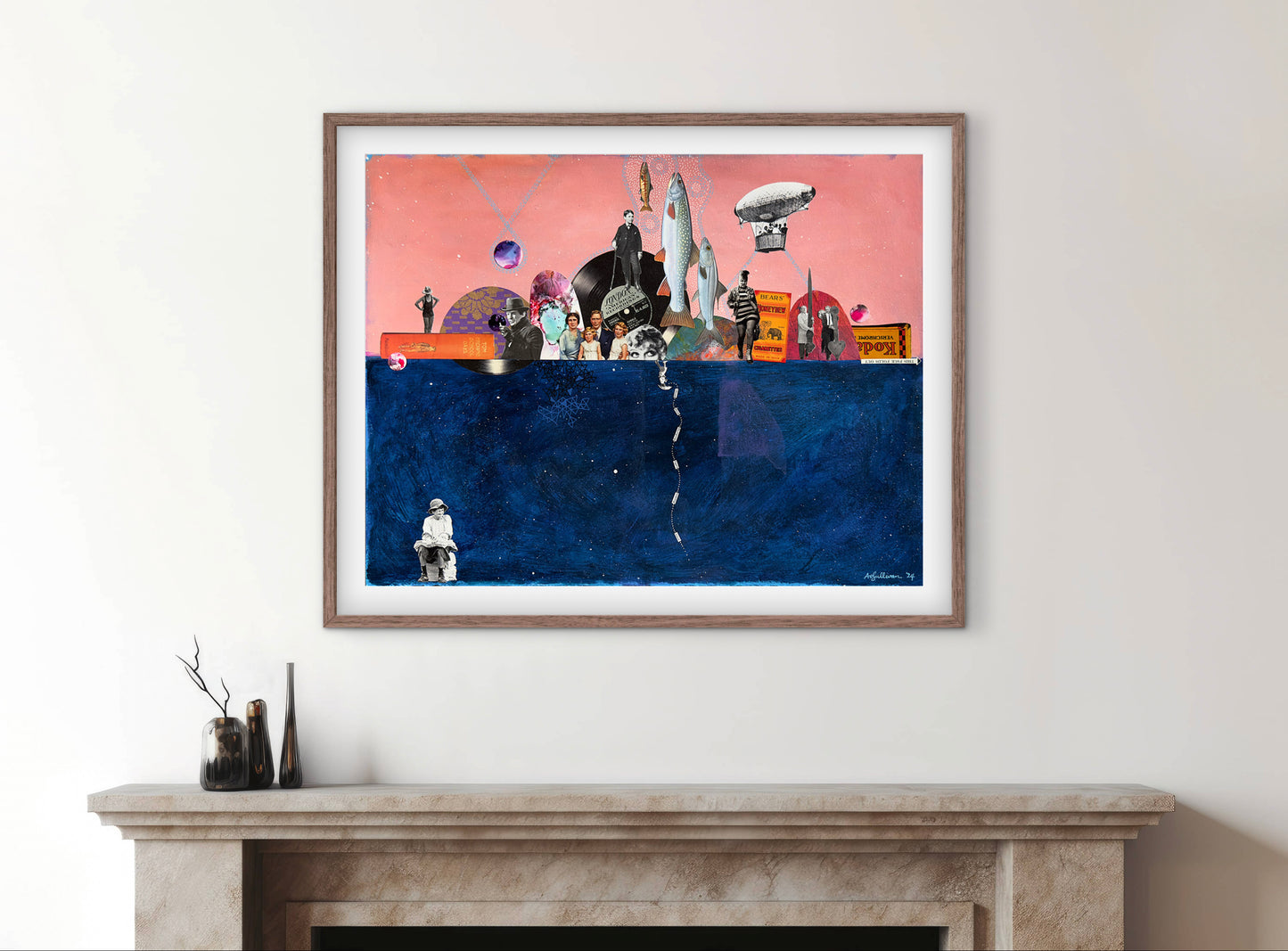 on a white wall above a fireplace.