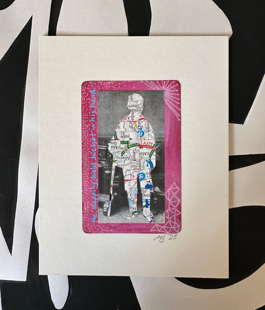 He Happily Held — original mixed-media collage on a playing card by Amanda O'Sullivan.