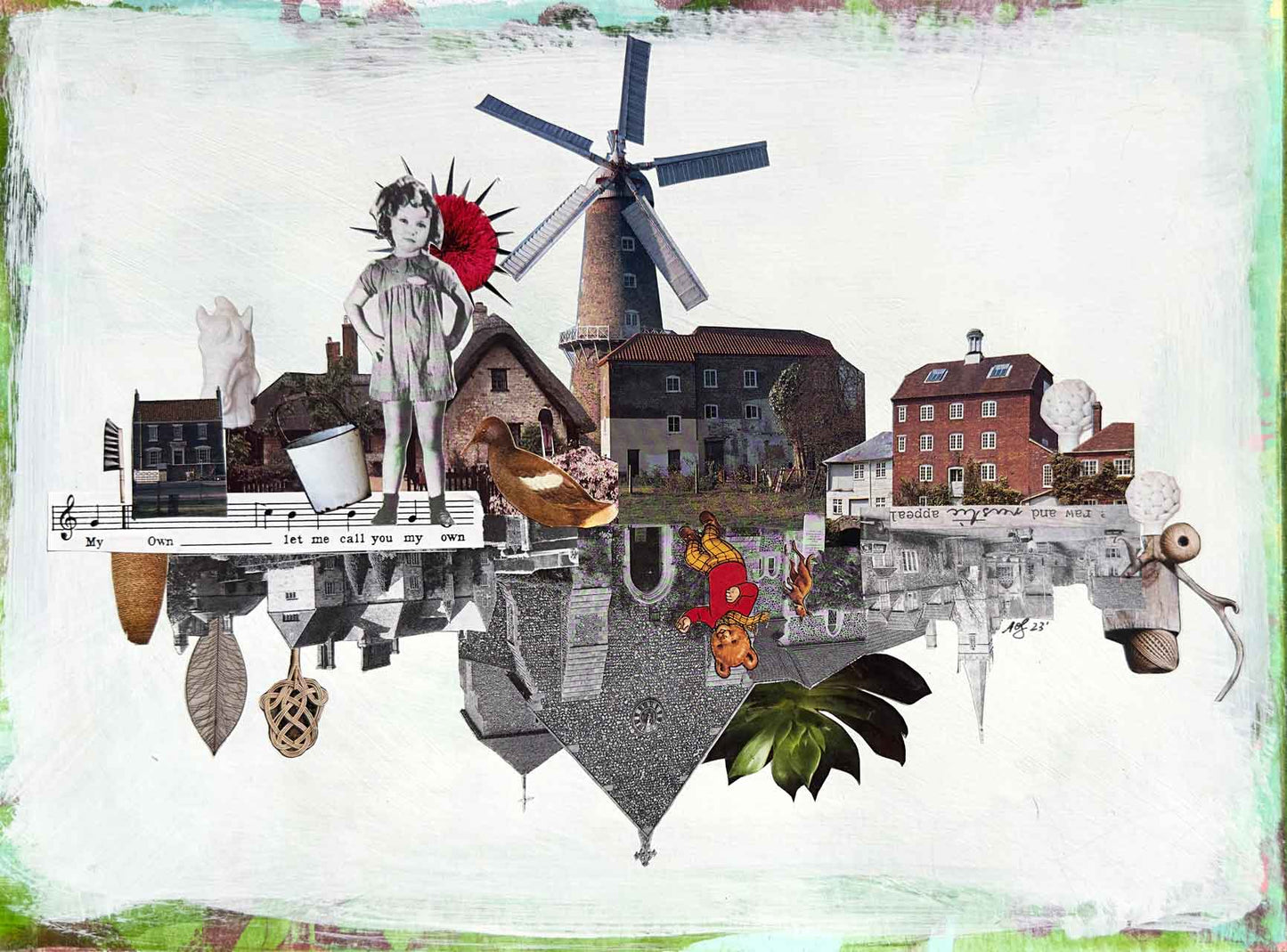 Collage with windmill, buildings, and various elements on a white background