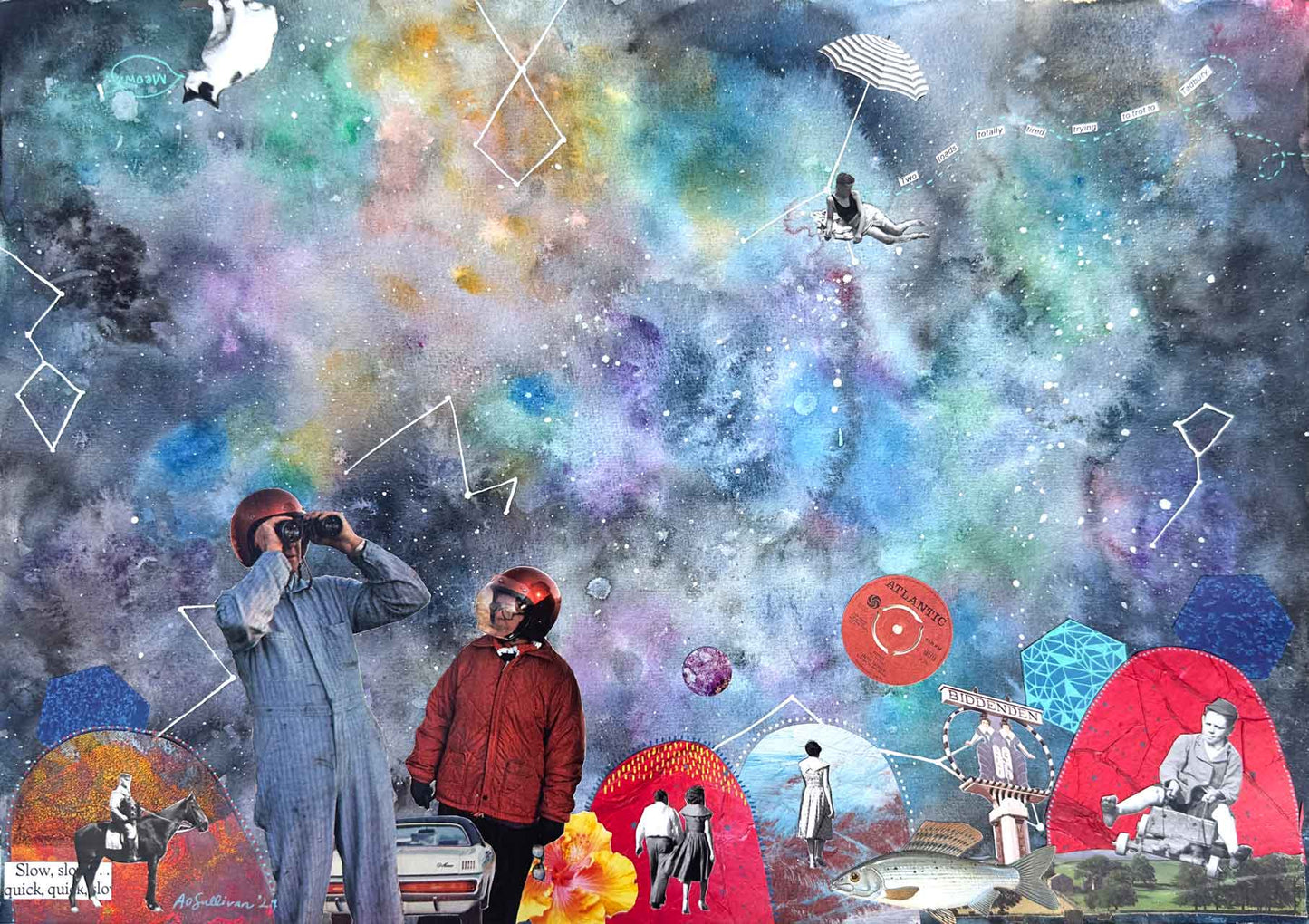 Collage of people in various poses with a colorful, abstract background