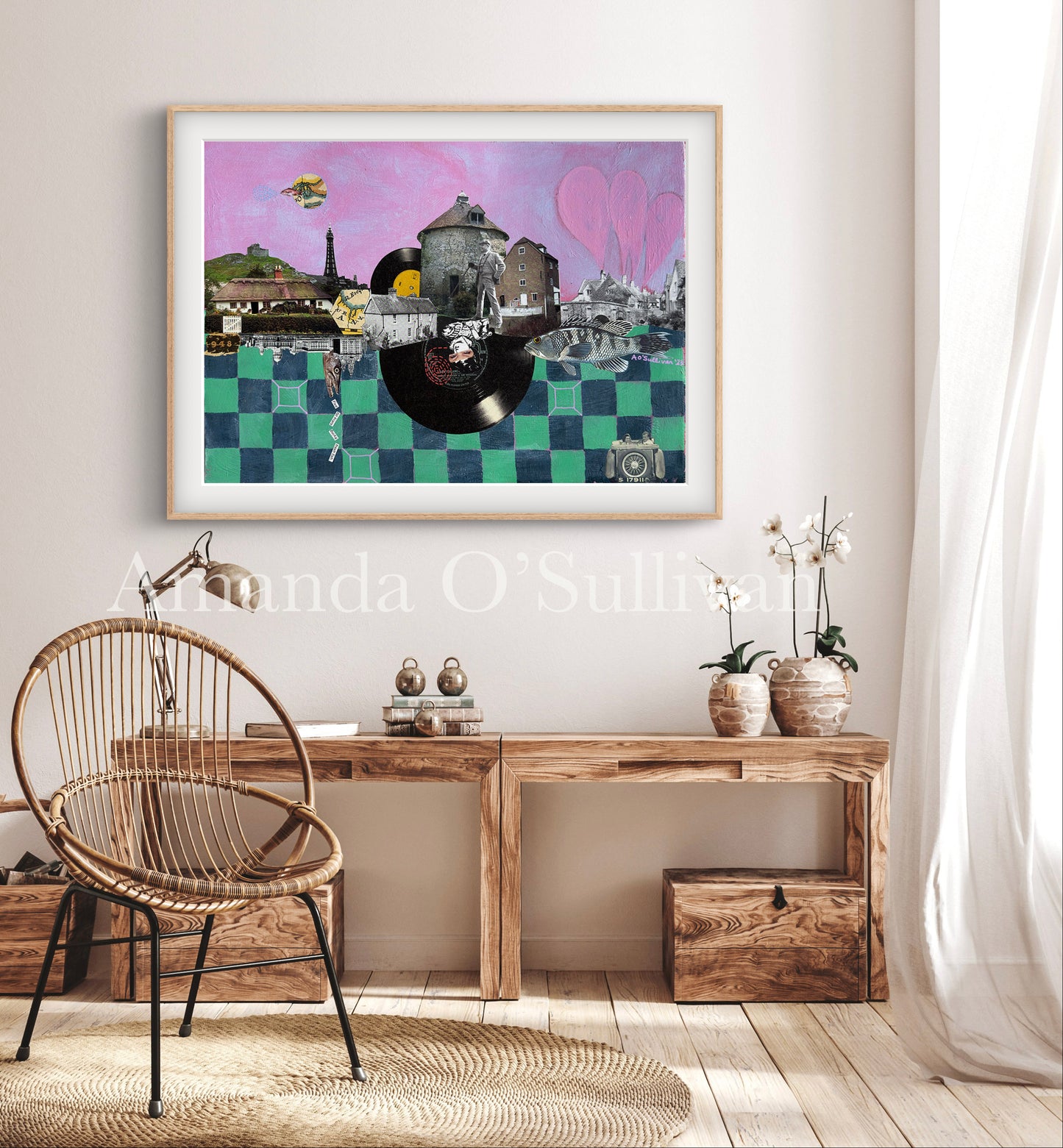 Decorative interior with a framed artwork on the wall, wooden desk, and chair.