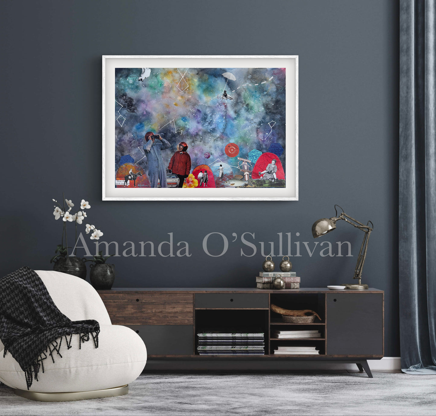 Framed artwork on a wall above a piece of furniture with 'Amanda O'Sullivan' branding.