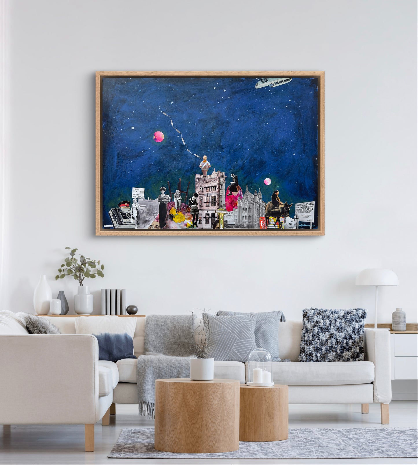 Eight Elegant Elephants — limited edition giclee print. Linear cityscape against a deep-blue night sky by Amanda O'Sullivan.