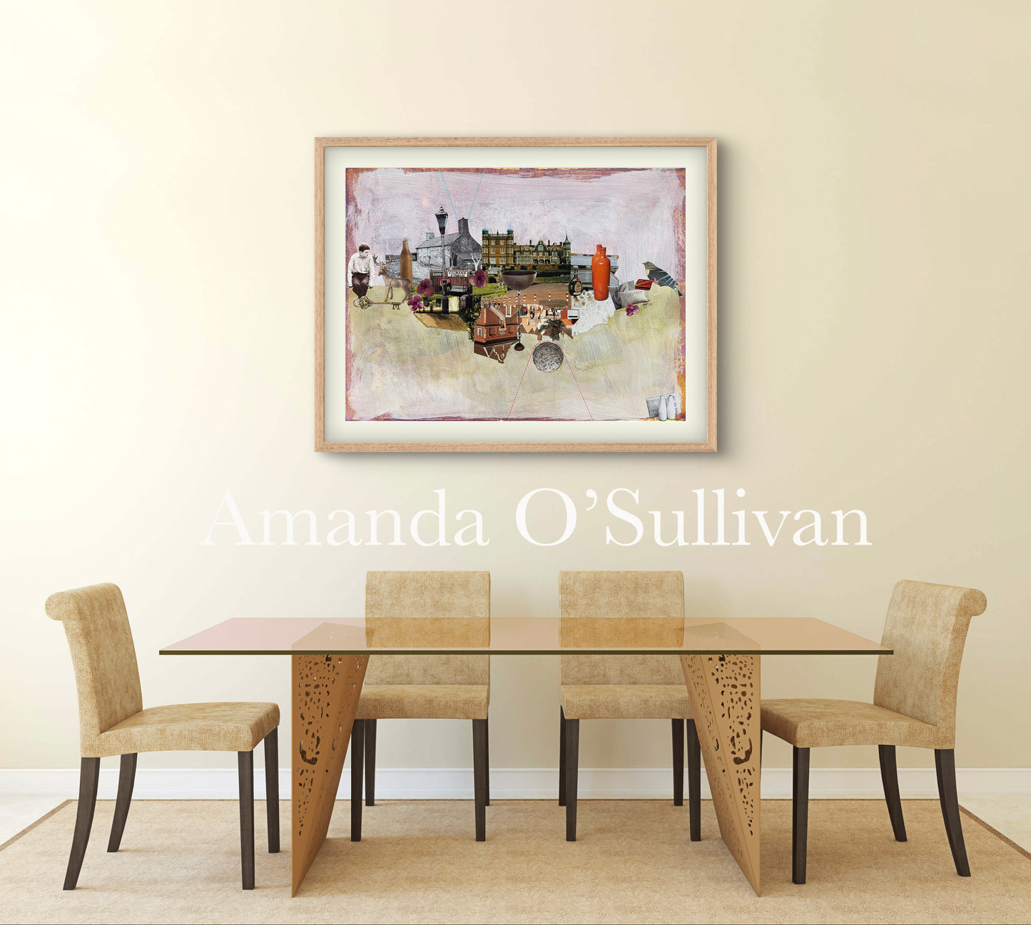 Dining room setup with a table and chairs, featuring a framed artwork on the wall.
