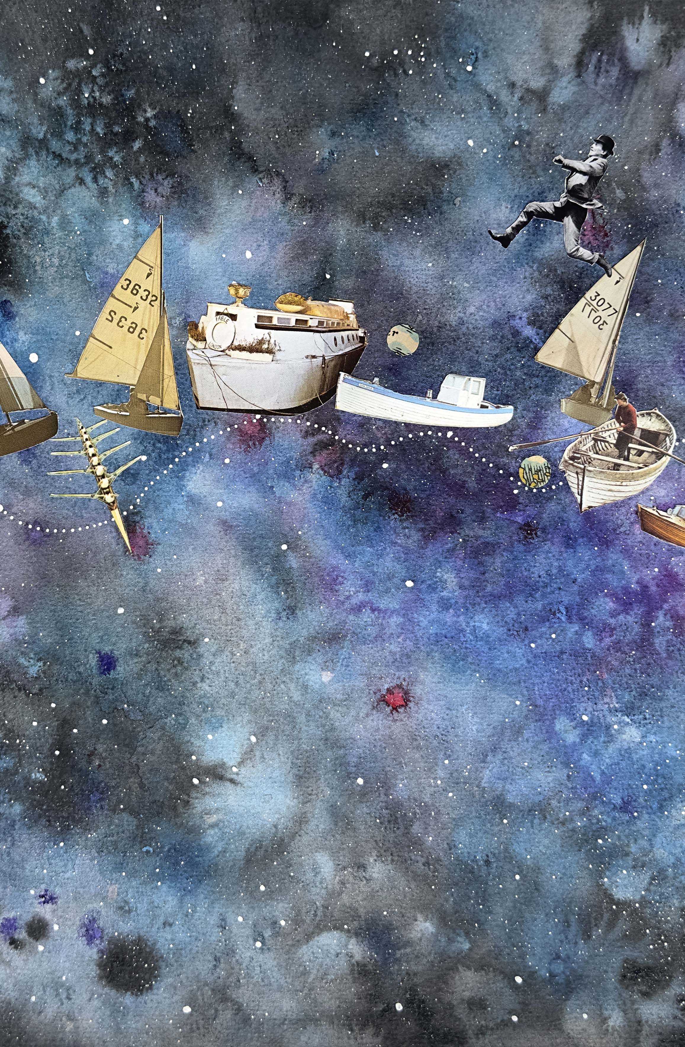 Colourful collage with watercolour background with boats and a man running.
