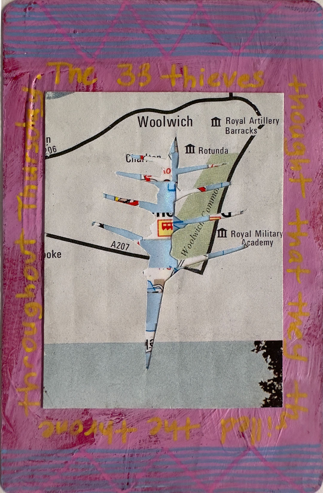 Collage with map and text on a pink and blue background