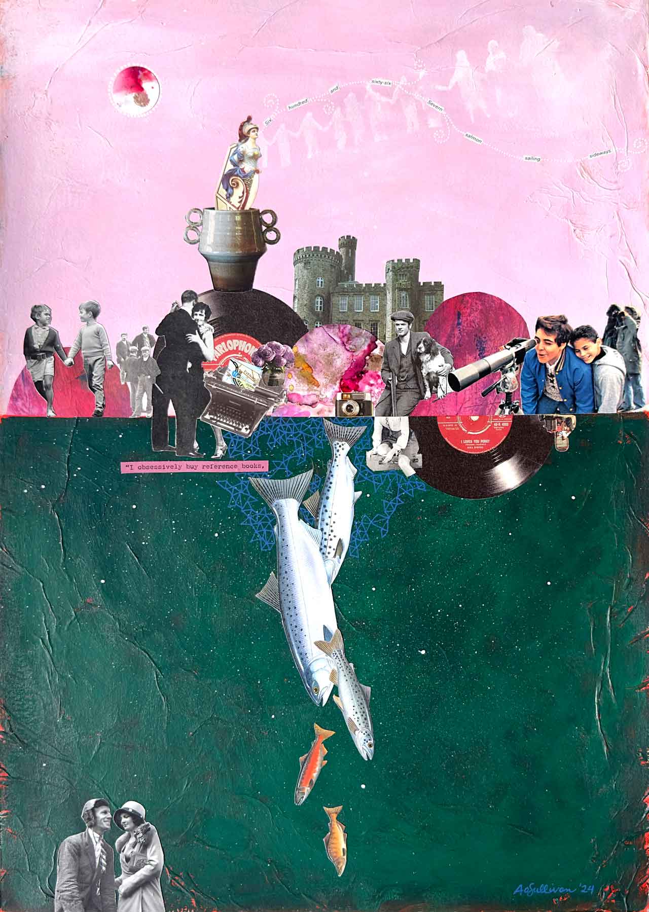 Collage with various elements including people, animals, and landscapes on a pink and green background.