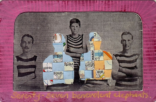 Collage of people and abstract elephant shapes with a pink border and text.