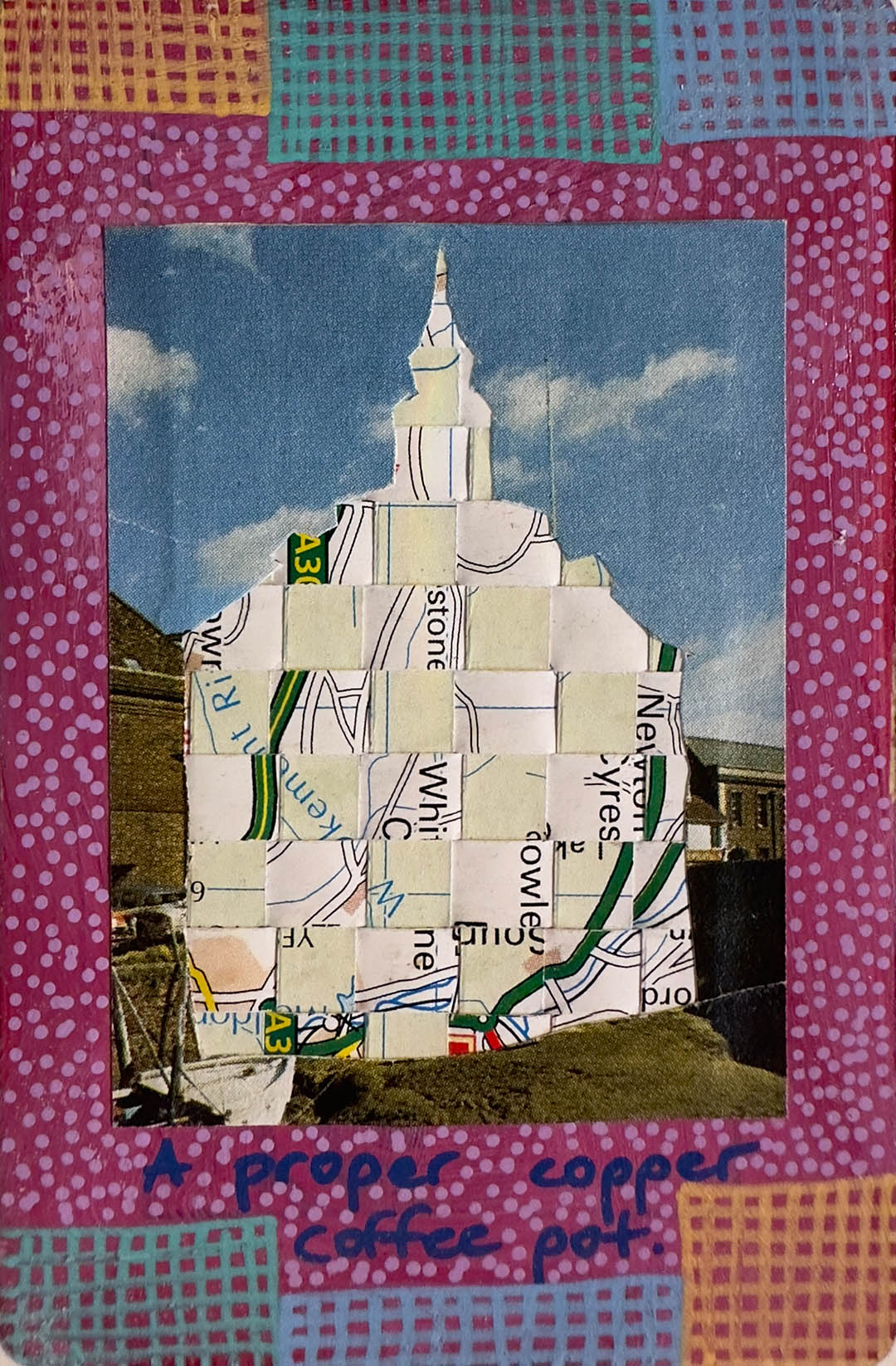 Collage art with a building made from newspaper clippings on a polka dot background.