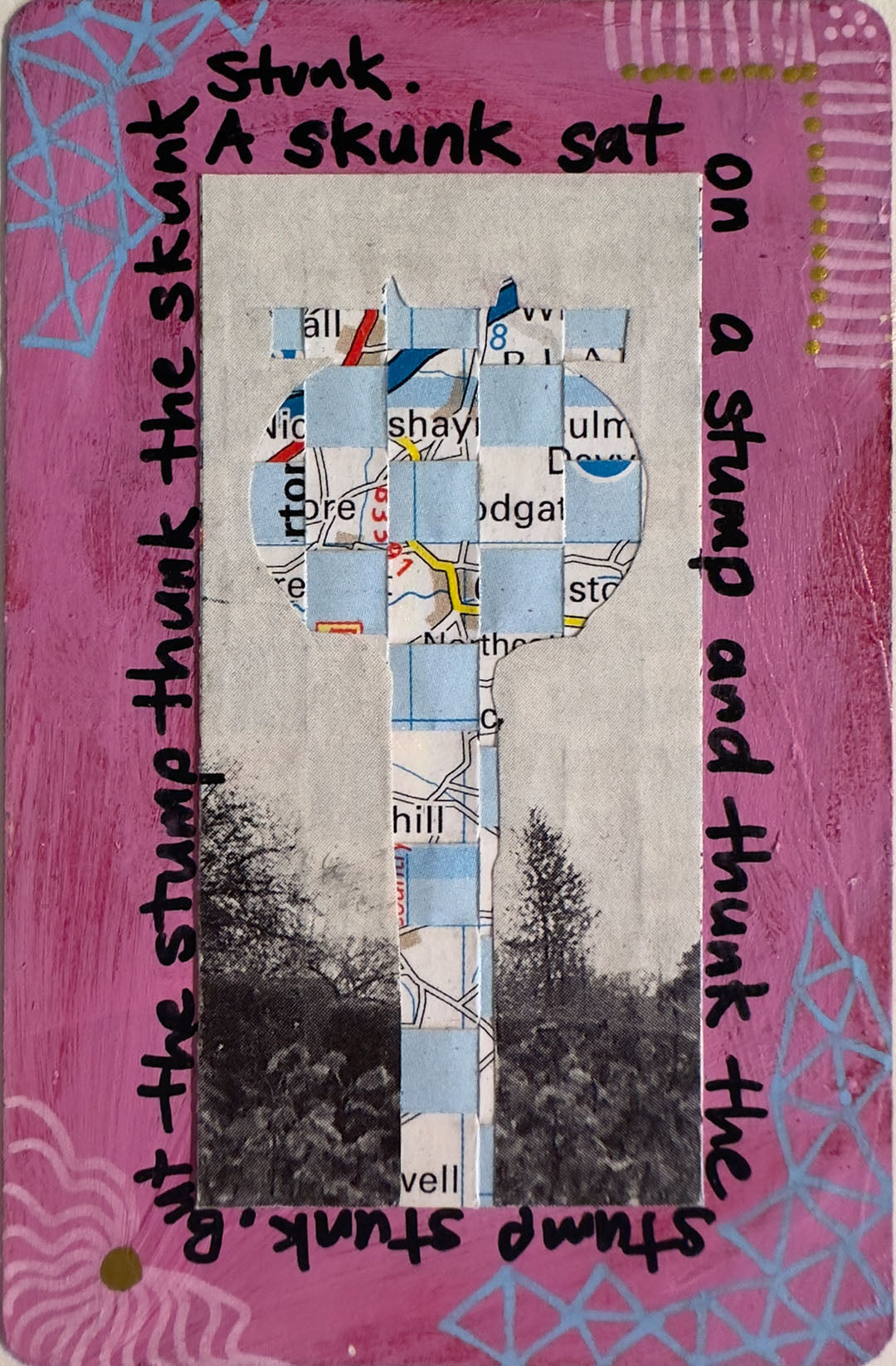 Collage with text and map pieces on a pink background