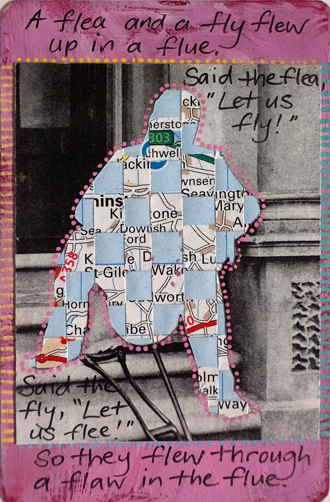 Collage of a person made from newspaper clippings with text around it.
