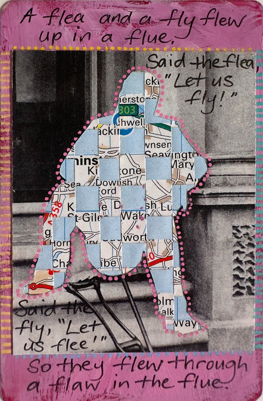 Collage of a person made from newspaper clippings with text around it.