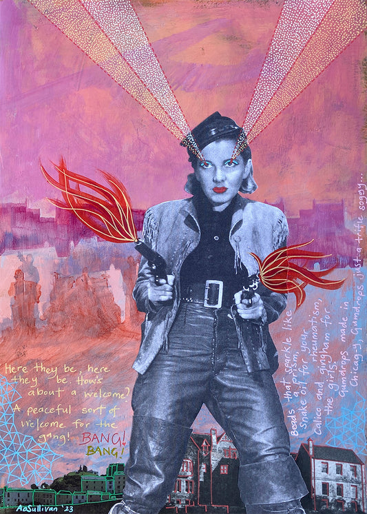Collage art of a person holding guns with fiery elements and text on a cityscape background.