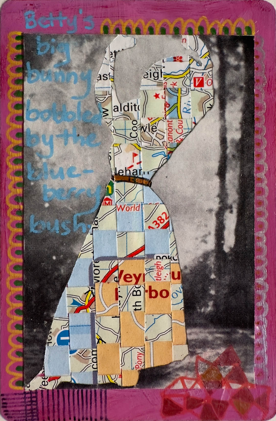 Collage art with map patterns and text on a pink border