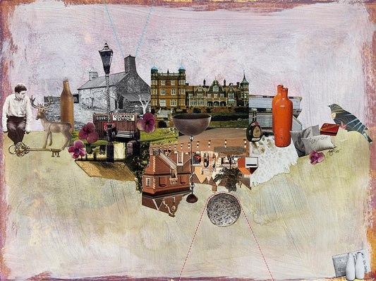 Collage with various elements including a bottle, deer, and architectural structures.