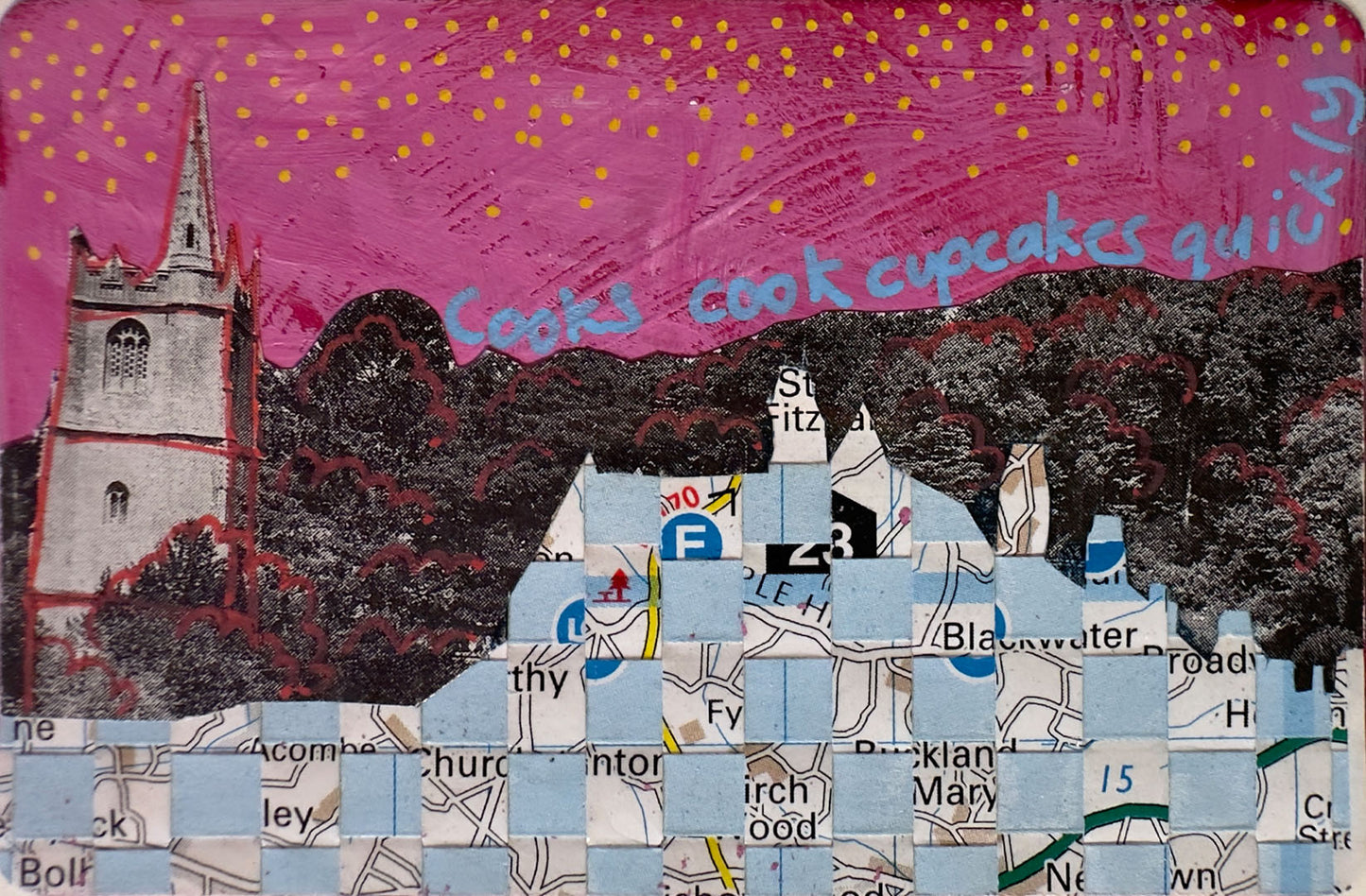 Collage with map elements, text, and a pink sky