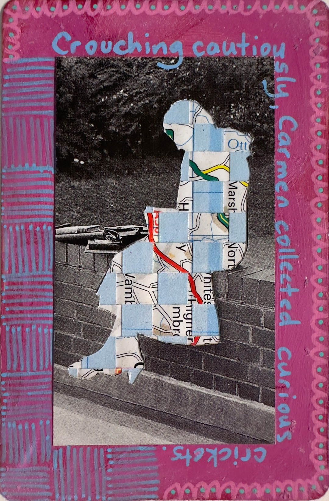 Collage art with map pieces and text on a pink border