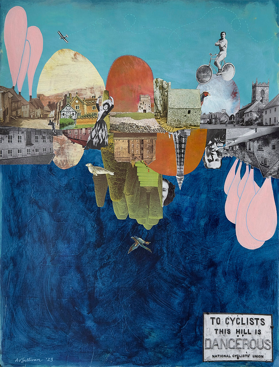 A collage-style fine art print featuring various cycling-related images and architectural scenes in a vibrant mix of colors on a blue background, with a title 'To cyclists the hill is daunting' written at the bottom.