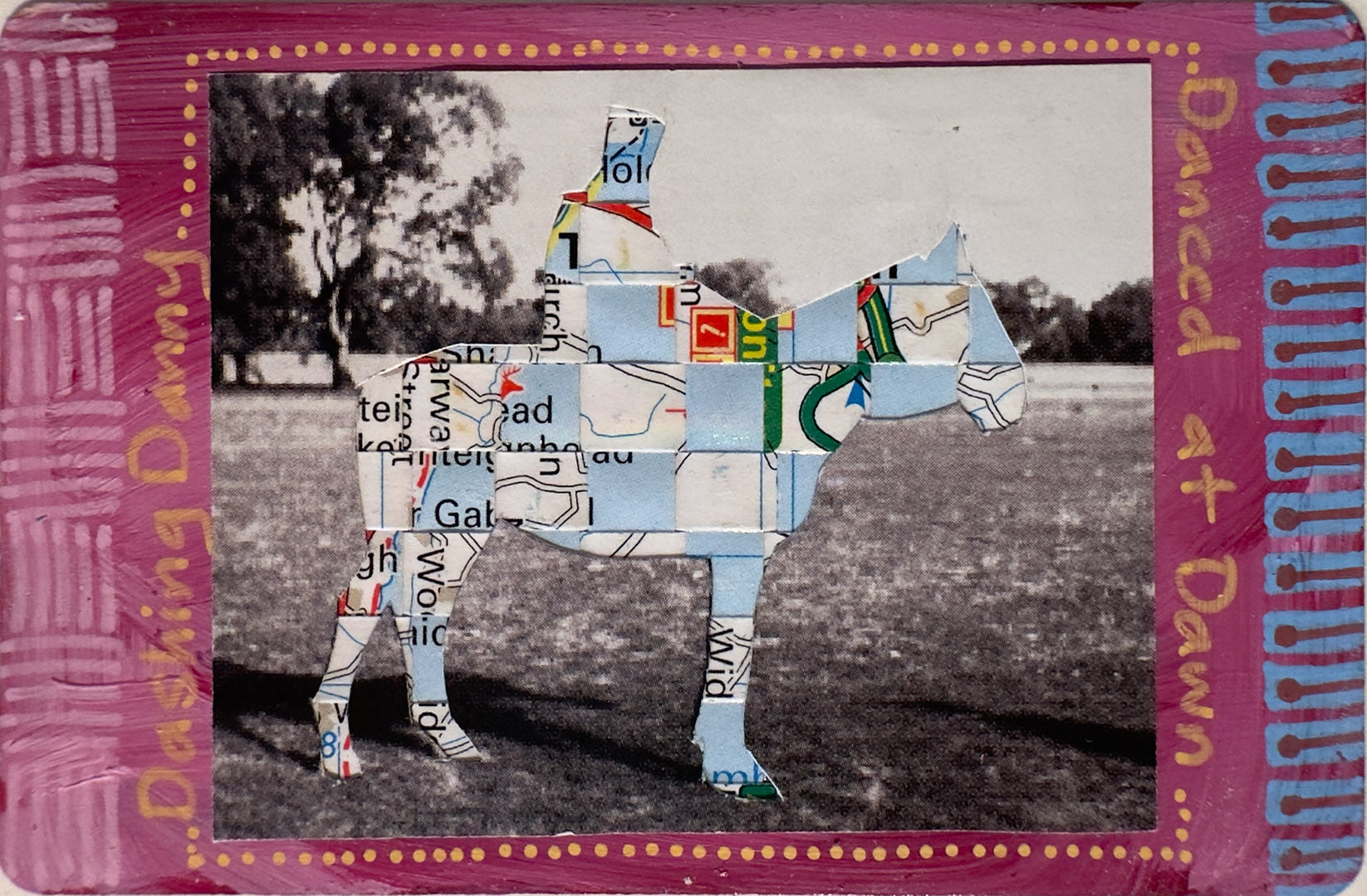 Collage of a horse with newspaper print on a purple border with text