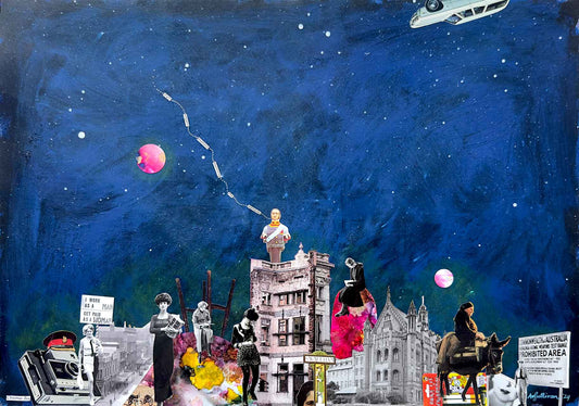 Collage with people, buildings, and a pink balloon against a starry night sky.