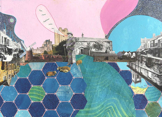 Collage with geometric patterns, buildings, and abstract shapes on a pink background