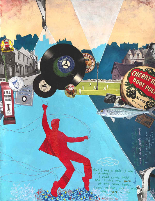 Collage with vinyl records, a red silhouette of a person dancing, and vintage elements.