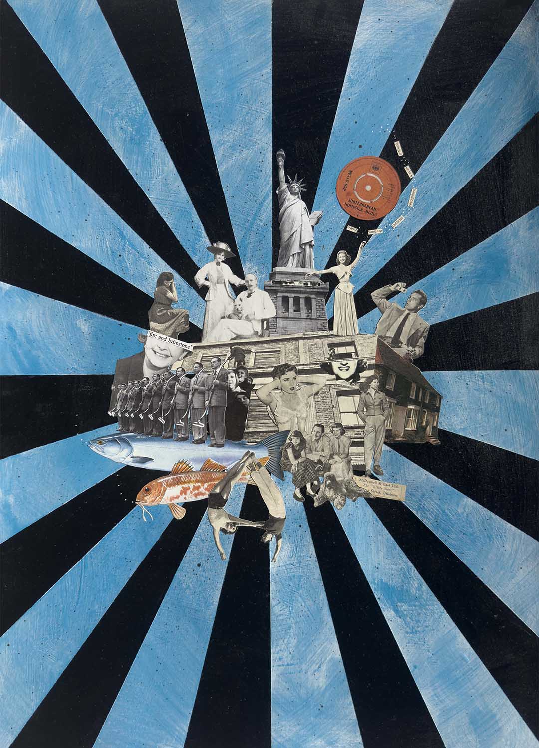 Fire & Brimstone — limited edition giclee print. Pop art-inspired collage referencing Bob Dylan's Subterranean Homesick Blues by Amanda O'Sullivan.