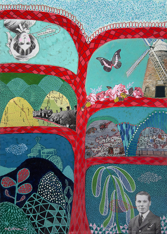 Collage with various scenes including a man, a butterfly, a windmill, and landscapes.