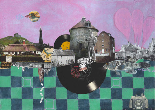 Collage art with vinyl records, buildings, and abstract elements on a checkered background