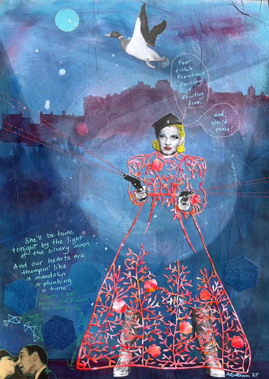 A collage of a woman with a floral dress holding guns on a stage with text.
