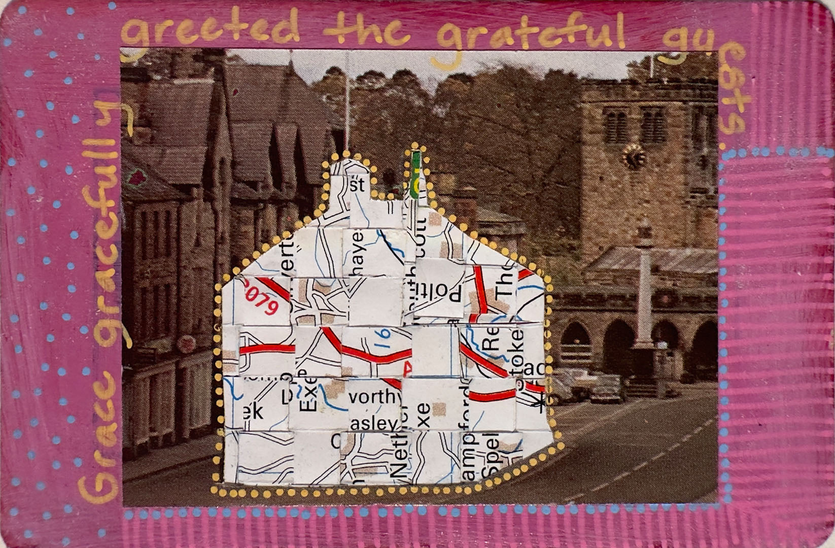 Decorative house-shaped card with text and a map design, featuring a pink border.