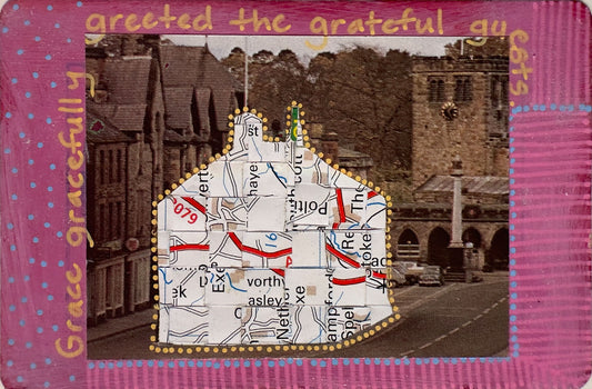 Decorative house-shaped card with text and a map design, featuring a pink border.