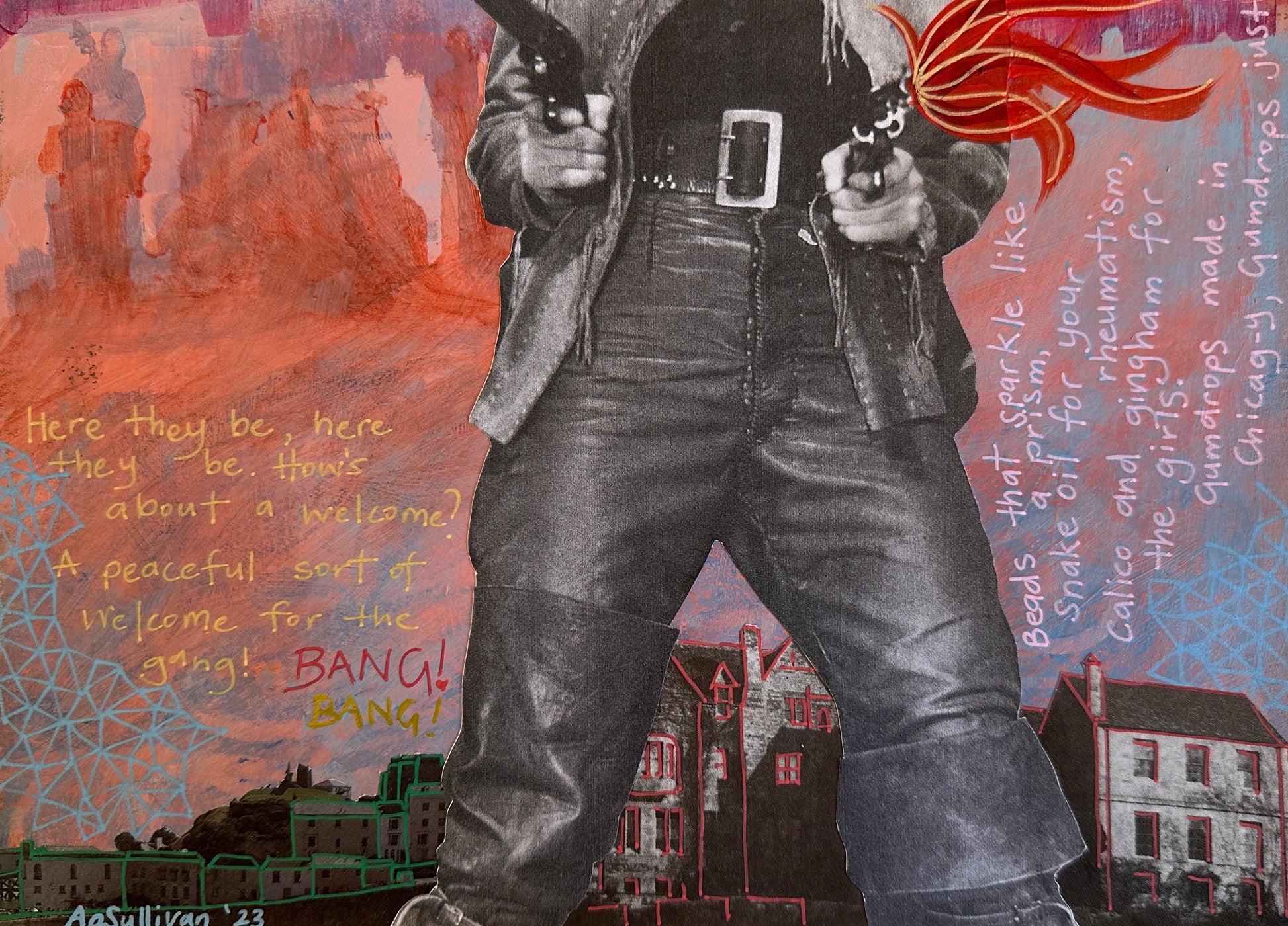 Collage with a person holding guns, text, and buildings in the background