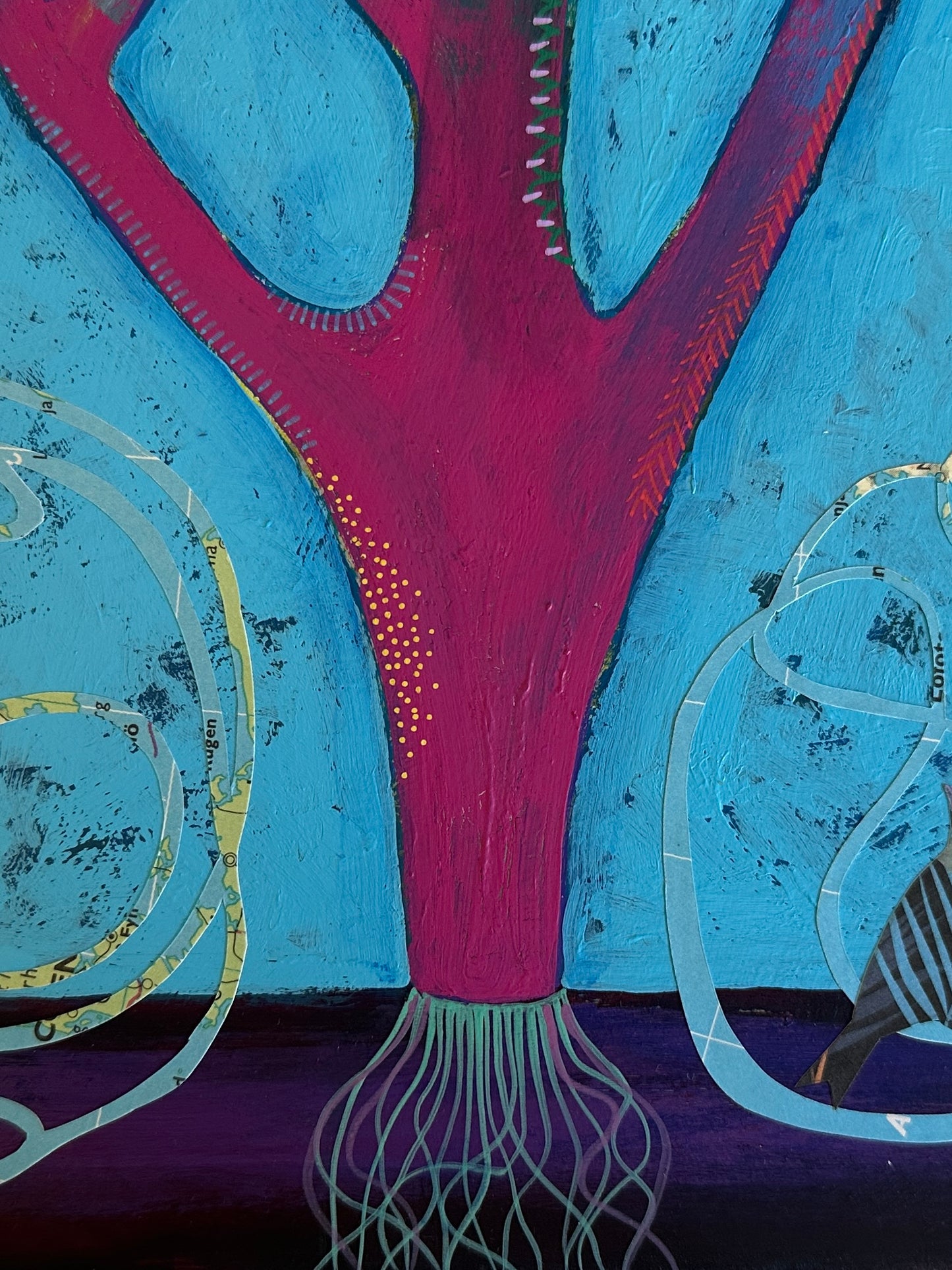 Abstract artwork with a central pink tree-like structure on a blue background