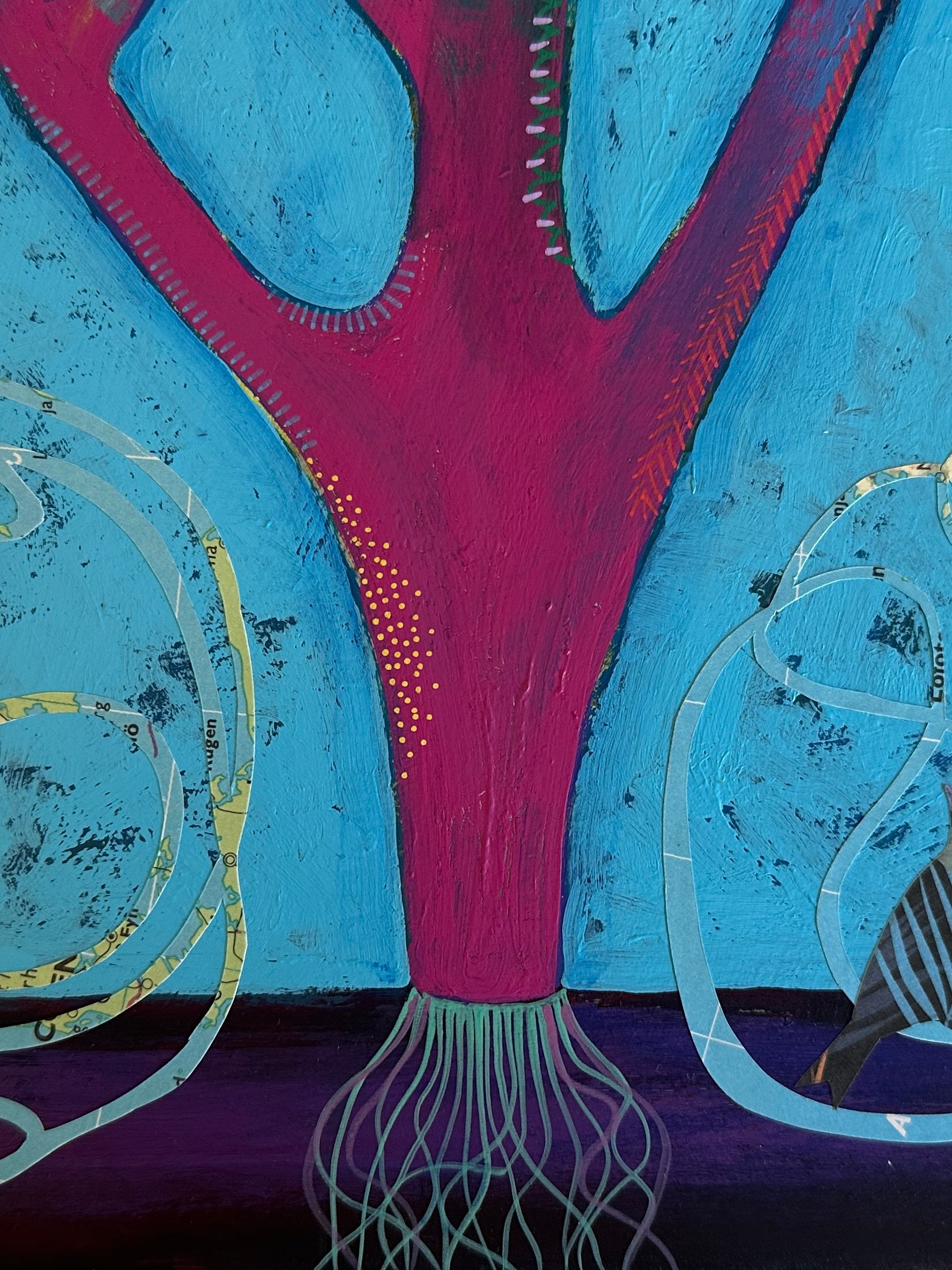 Abstract artwork with a central pink tree-like structure on a blue background