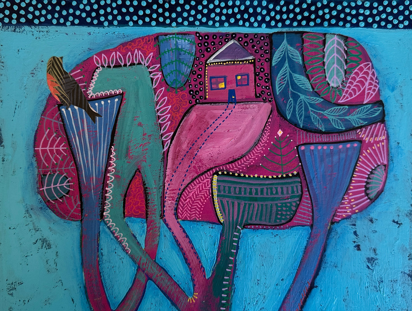 Colorful abstract artwork with a house on a blue background