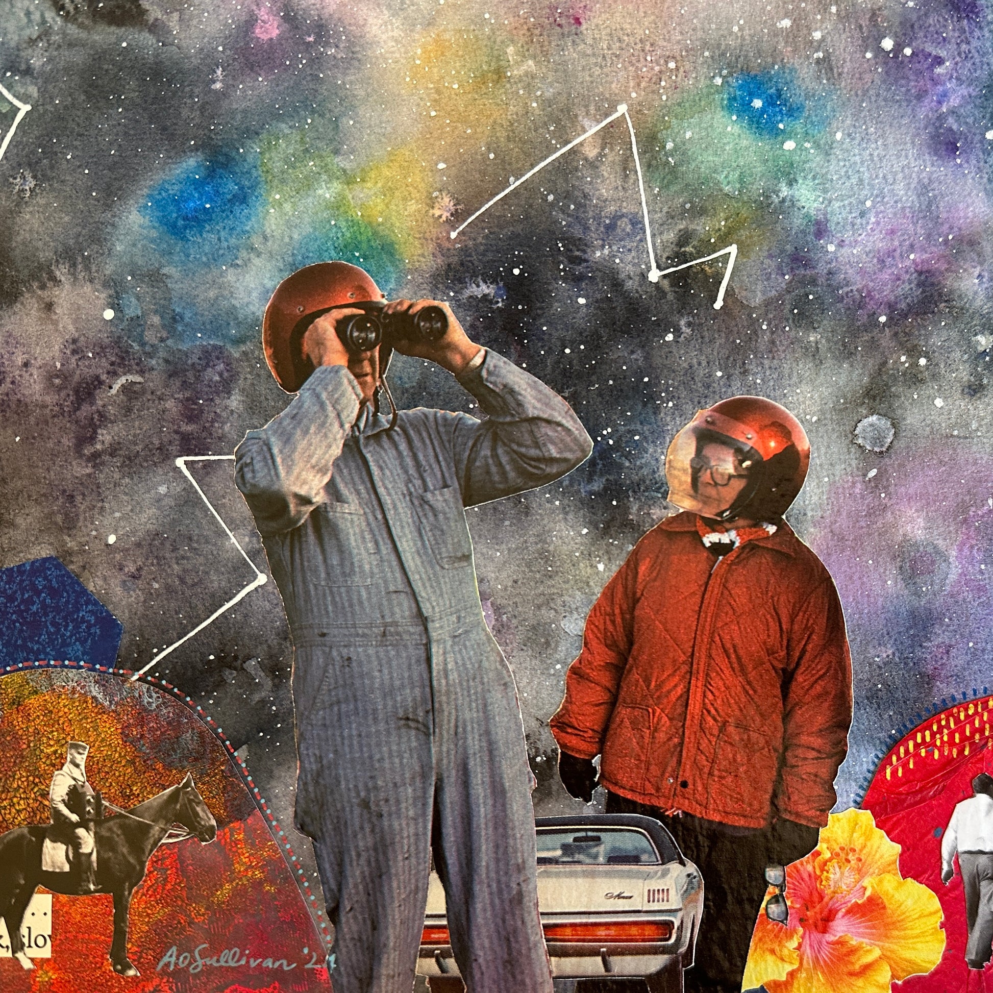 Collage of a person with binoculars, another in a red jacket, and a horse rider against a colorful abstract background.