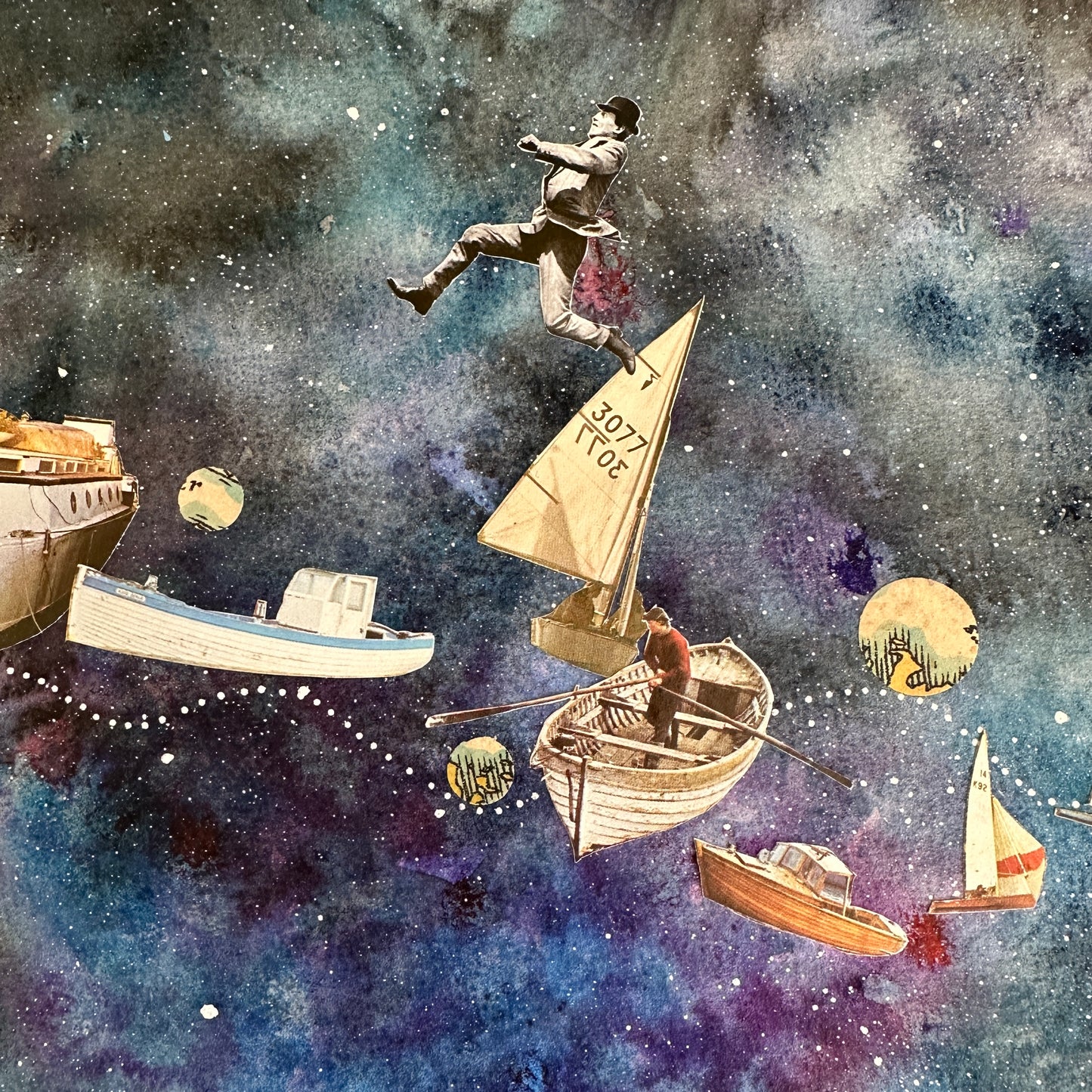 Artistic depiction of a person leaping over boats in space with a starry night sky background.