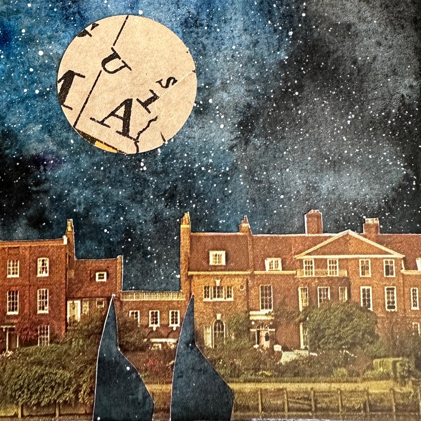Collage of houses under a starry sky with a large moon and sailboats.