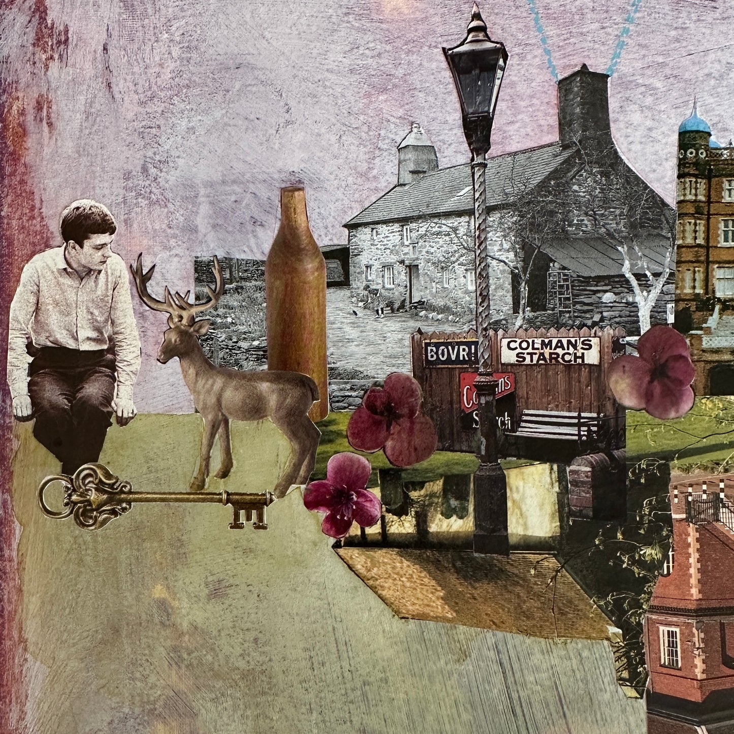 Collage with a man, deer, bottle, flowers, and vintage buildings.