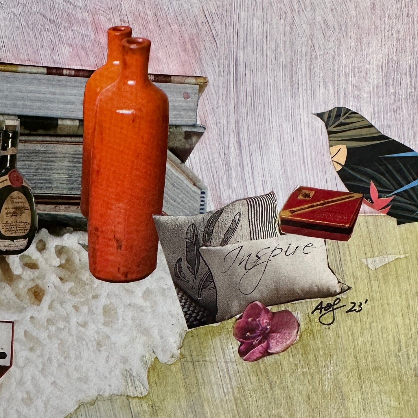 Collage of decorative items including vases, a bird, and a pillow with 'Inspire' text.