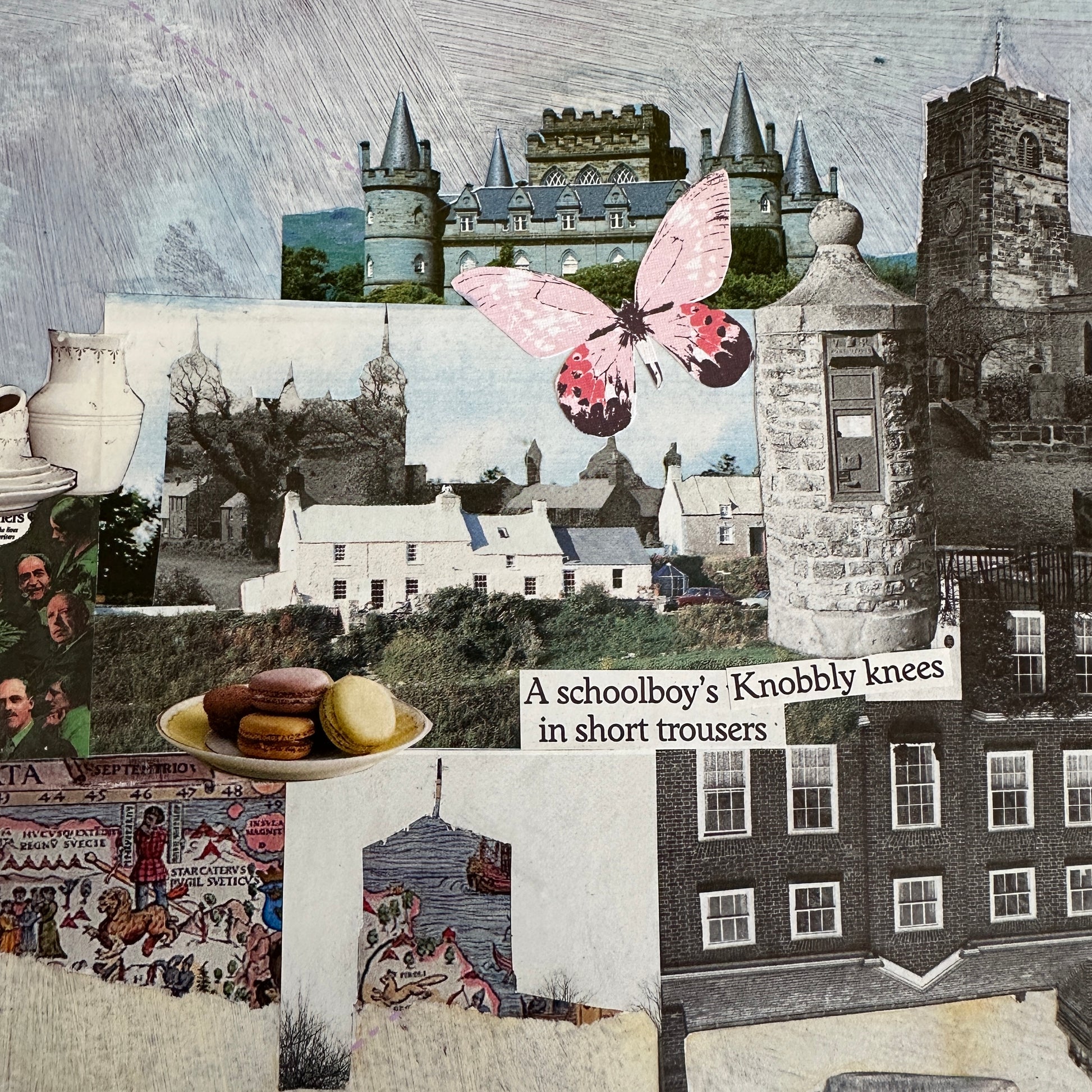 Collage with vintage buildings, a butterfly, and text overlay.