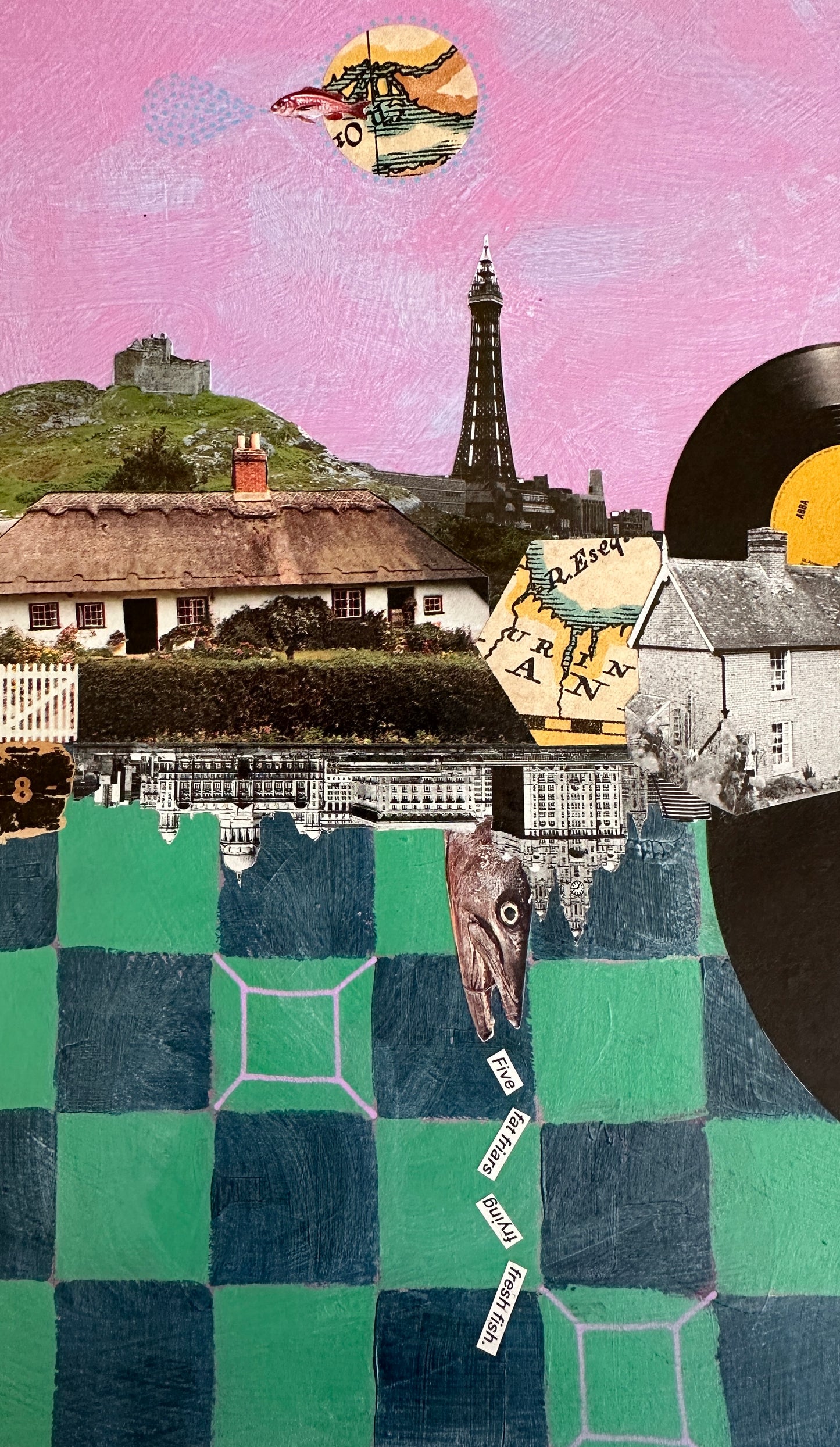 Collage with buildings, a clock, and abstract elements on a pink and green background