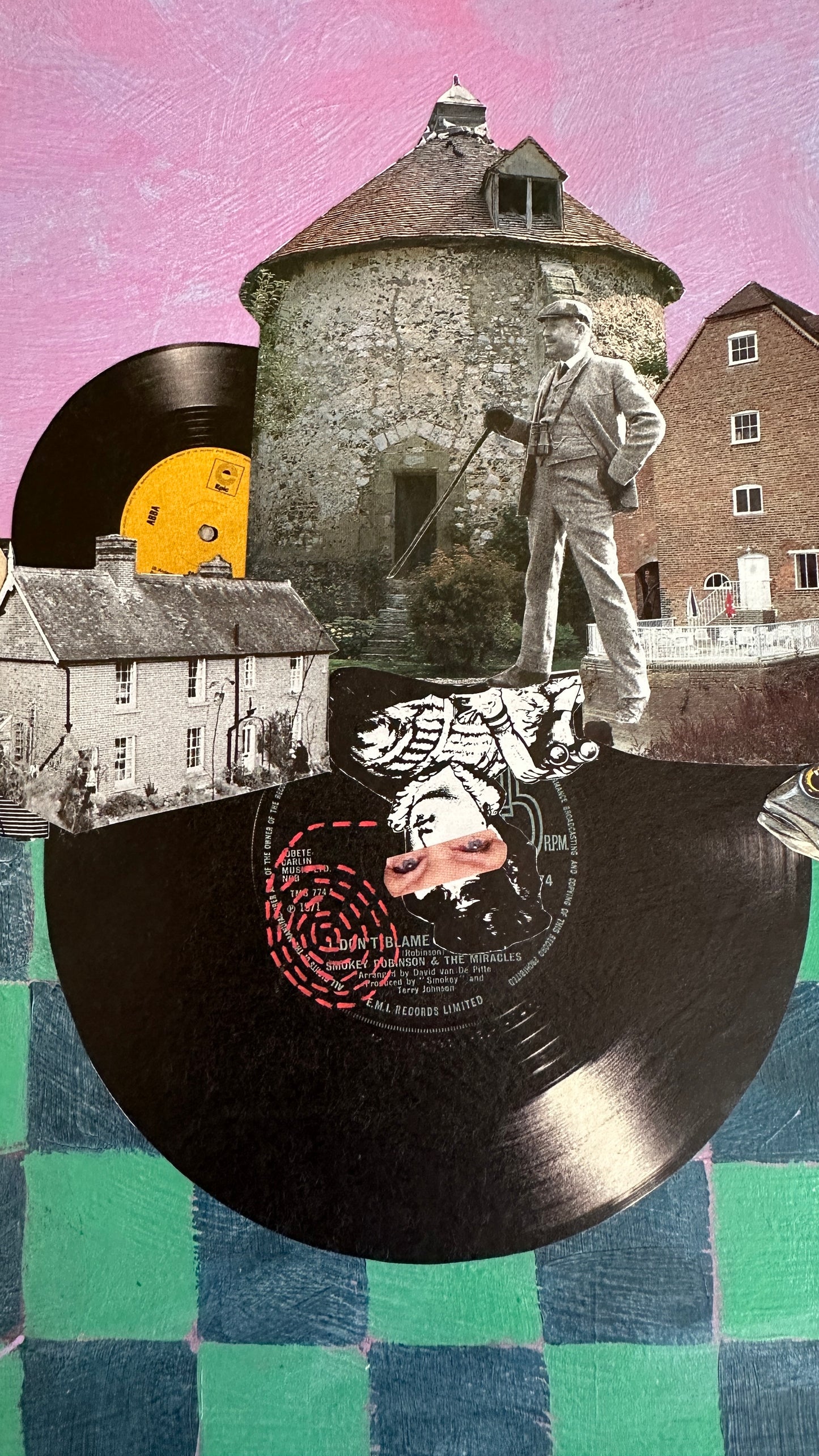 Collage with vintage record, village scene, and abstract elements on a colorful background