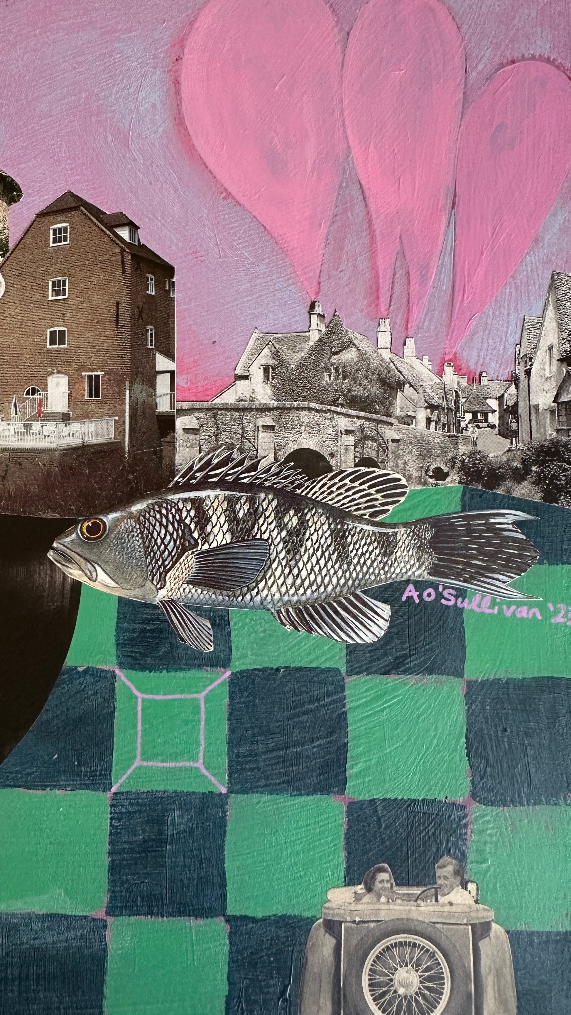 Collage with fish, houses, and abstract shapes on a checkered background
