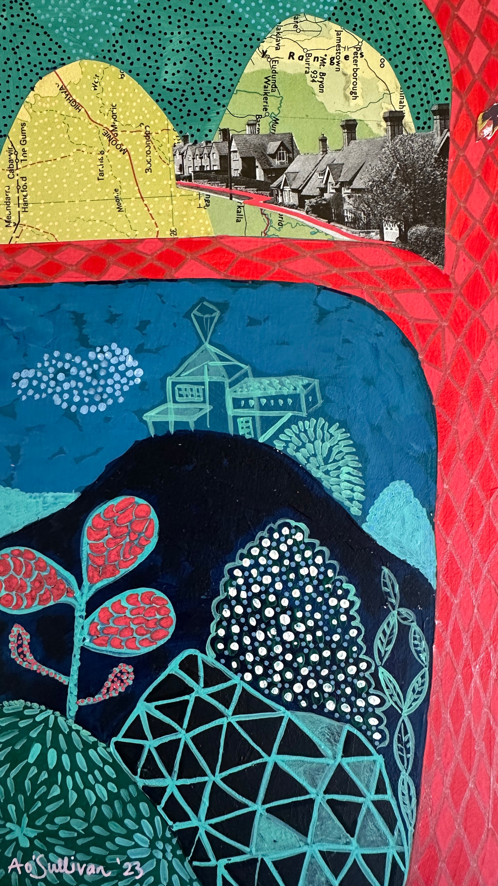 Collage art with geometric shapes and patterns on a red background