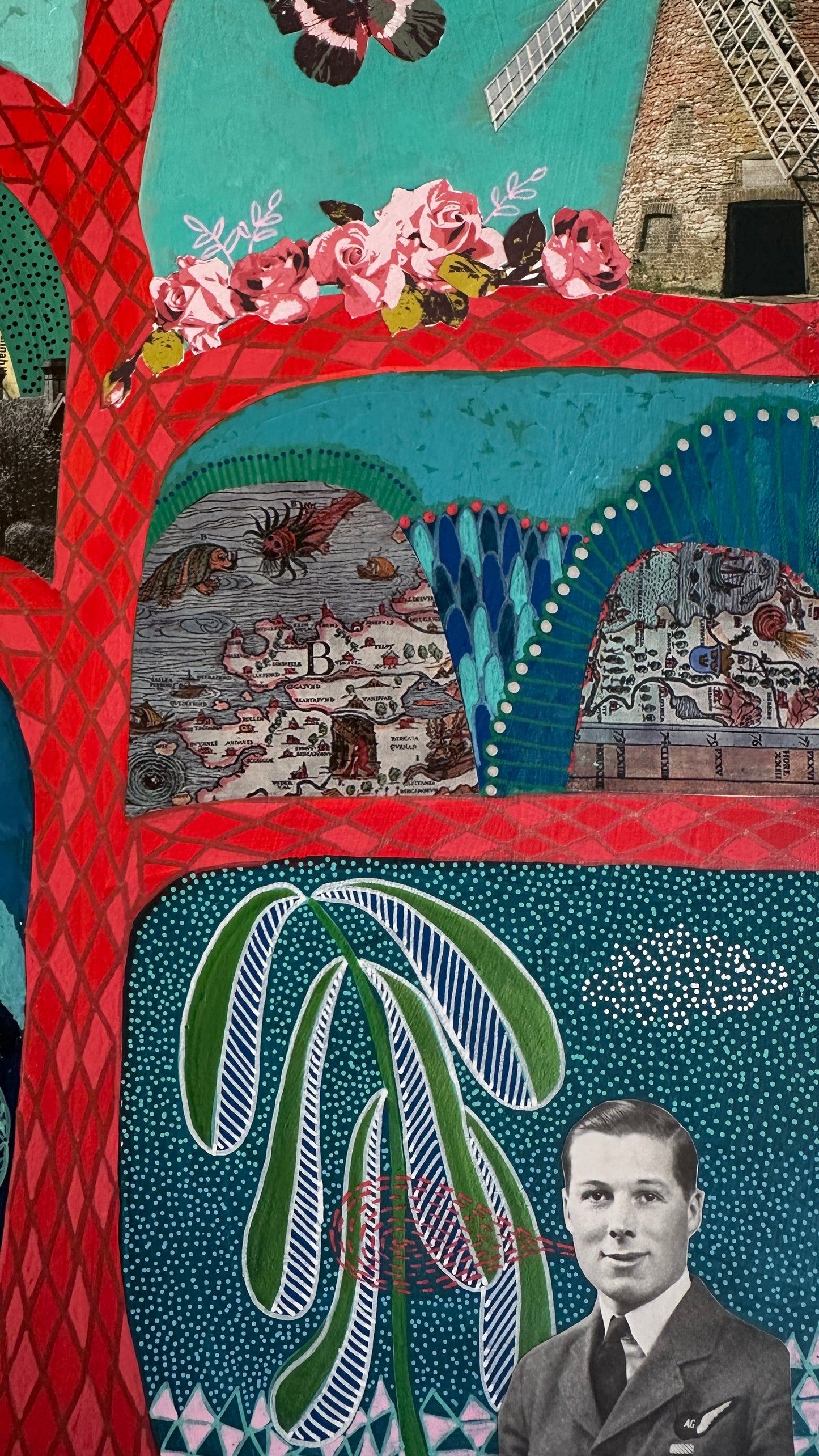 Collage with a man's portrait, floral elements, and architectural details.